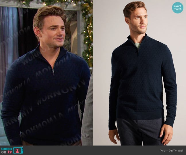 Ted Baker Kurnle T Knit Half Zip Funnel Neck Jumper in Navy worn by Johnny DiMera (Carson Boatman) on Days of our Lives