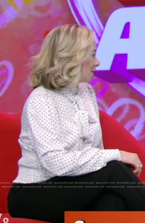 Terri Cole’s white polka dot print blouse on Live with Kelly and Mark