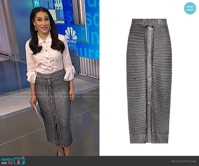 Toccin Tani Metallic Cotton Midi-Skirt worn by Morgan Radford on NBC News Daily