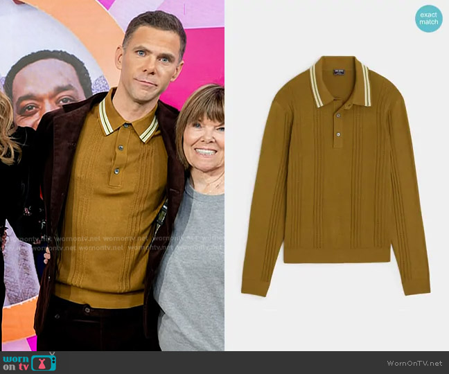 Todd Snyder Silk-Cotton Tipped Sweater Polo in Cigar worn by Mikey Day on Today