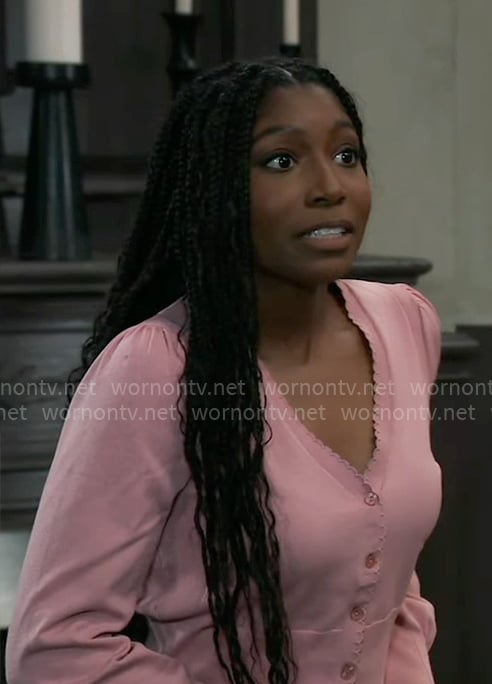 Trina’s pink scalloped trim cardigan on General Hospital