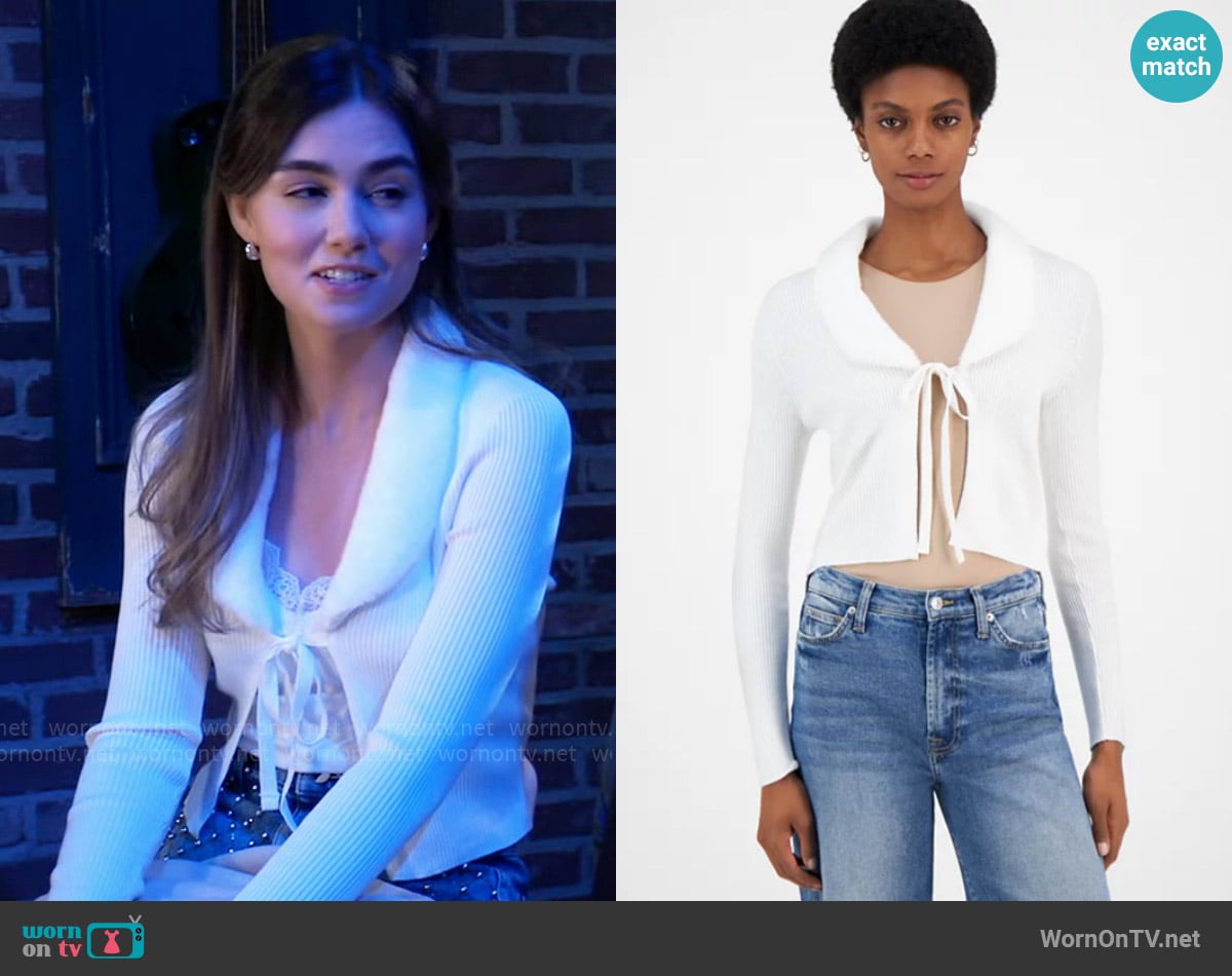 Ultra Flirt Faux-Fur Tie-Front Cardigan worn by Emma Scorpio-Drake (Braedyn Bruner) on General Hospital