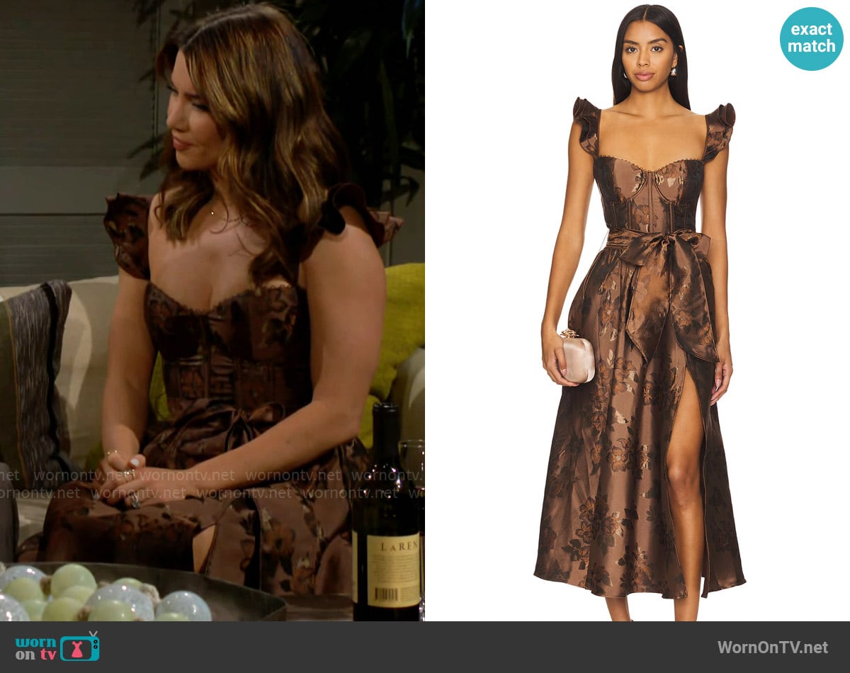 V. Chapman Vera Dress in Cocoa Baroque Floral worn by Steffy Forrester (Jacqueline MacInnes Wood) on The Bold and the Beautiful