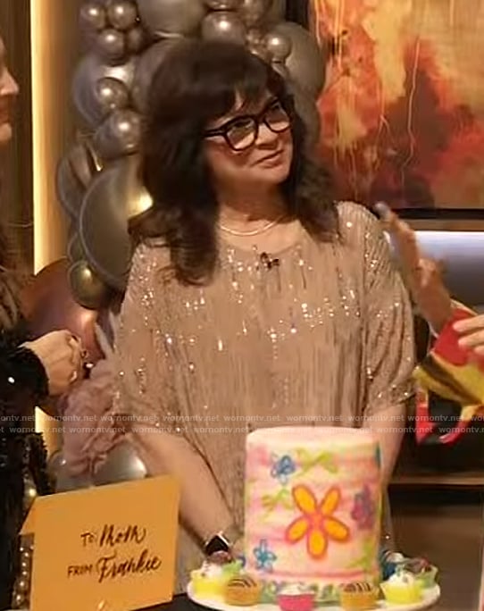 Valerie Bertinelli’s beige sequin top on The Drew Barrymore Show