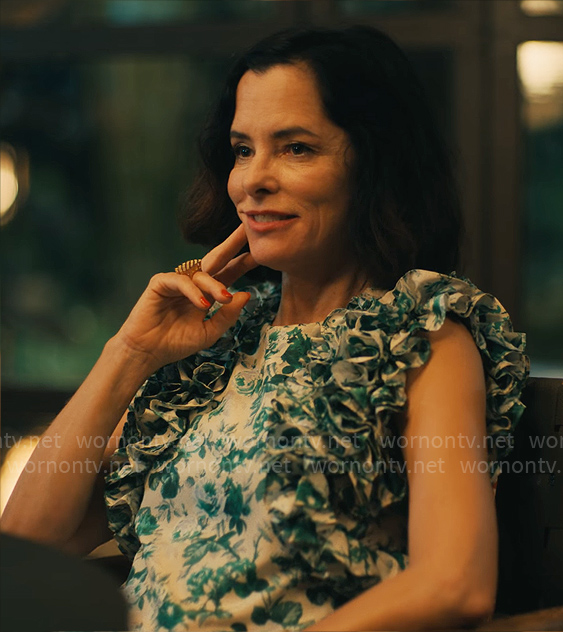 Victoria’s green floral ruffle sleeve dress on The White Lotus