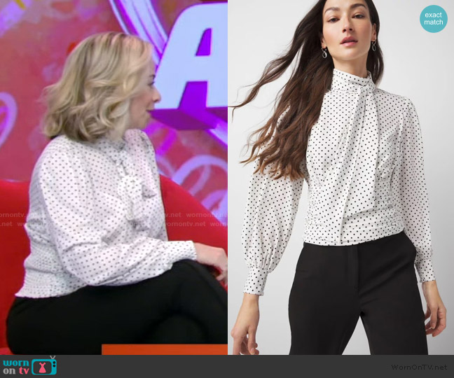 White House Black Market Tie-Neck Shirred Blouse worn by Terri Cole on Live with Kelly and Mark