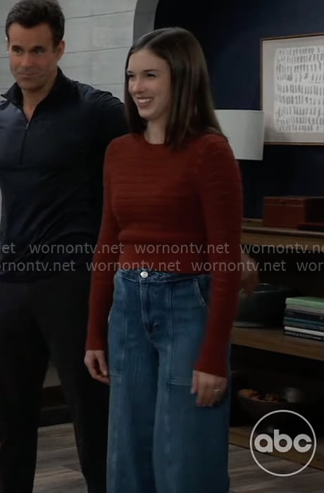 Willow’s dark red sweater and wide leg jeans on General Hospital