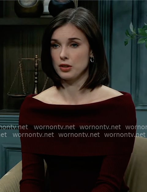 Willow’s burgundy off-shoulder sweater on General Hospital