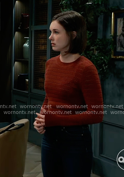 Willow’s dark red sweater and wide leg jeans on General Hospital