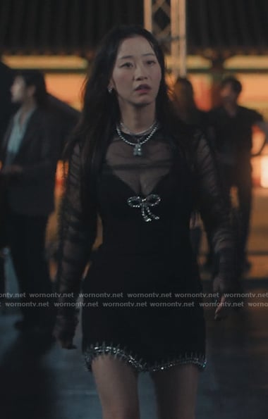 Yuri’s black crystal bow mini dress on XO Kitty