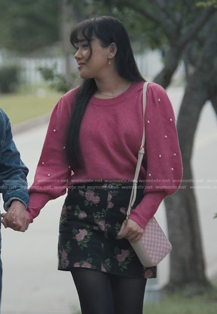 Lily’s pink pearl embellished sweater and floral skirt on Sweet Magnolias