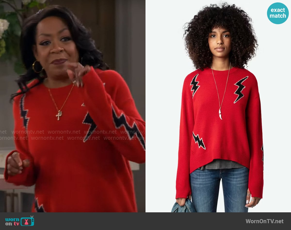 Tina's red bolt print sweater on The Neighborhood WornOnTV