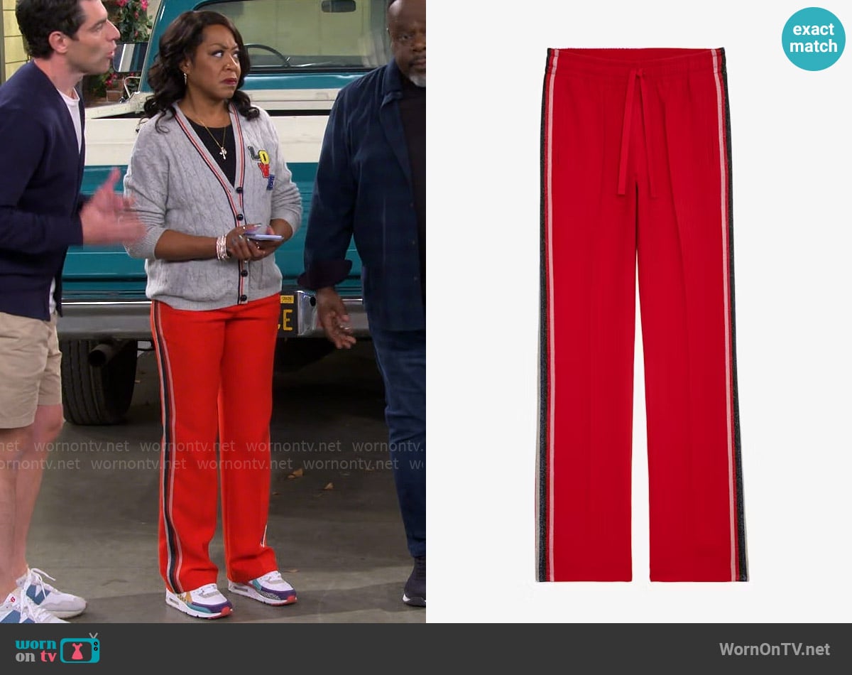 Zadig and Voltaire Pomy Crepe Track Pants worn by Tina Butler (Tichina Arnold) on The Neighborhood