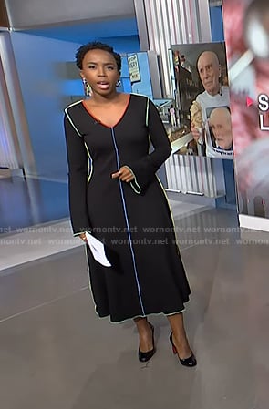 Zinhle’s black dress with multicolor piping on NBC News Daily