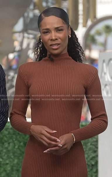 Zuri’s brown ribbed turtleneck dress on Access Hollywood
