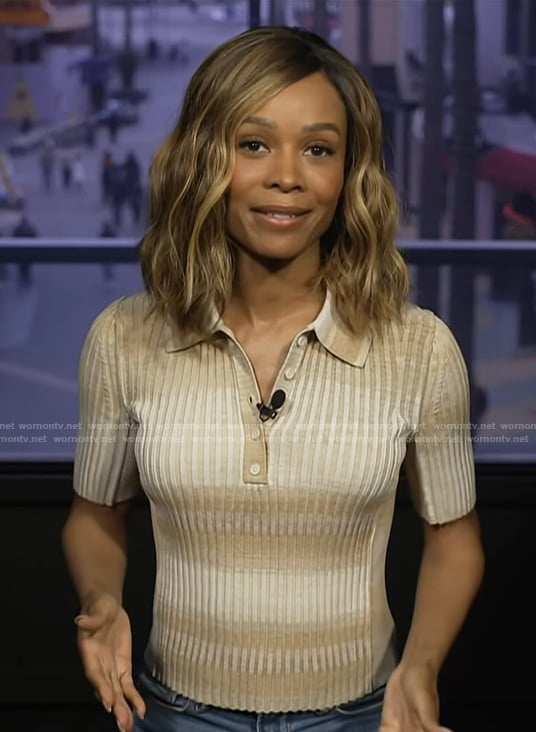 Zuri’s beige ribbed polo on Access Hollywood