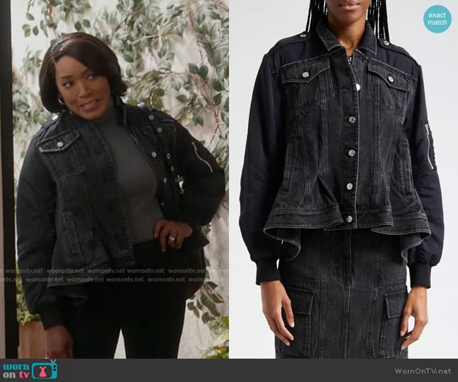 3.1 Phillip Lim Hybrid Denim Flight Jacket in Washed Black worn by Athena Grant (Angela Bassett) on 9-1-1