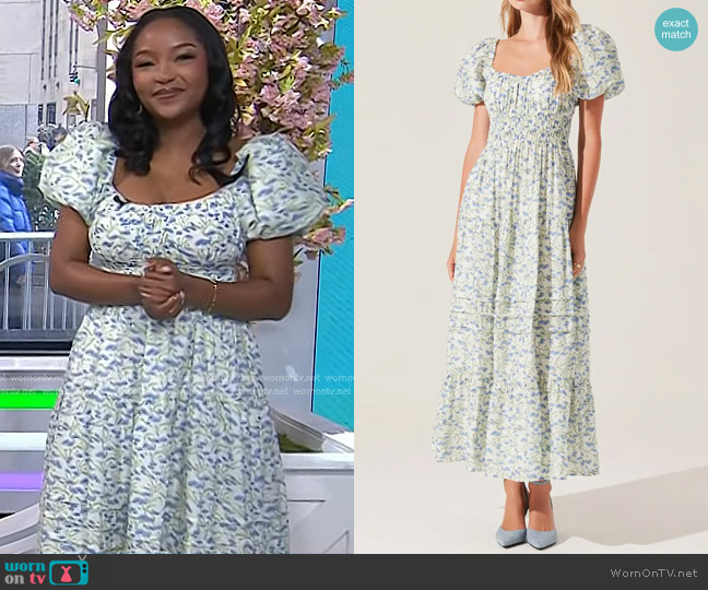 ASTR the Label Florentina Dress in Cream Blue Floral worn by Makho Ndlovu on Today