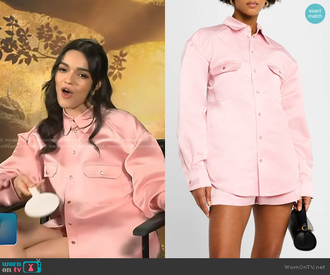 Adam Lippes Oversized Silk-Cotton Duchesse Shirt worn by Rachel Zegler on Access Hollywood