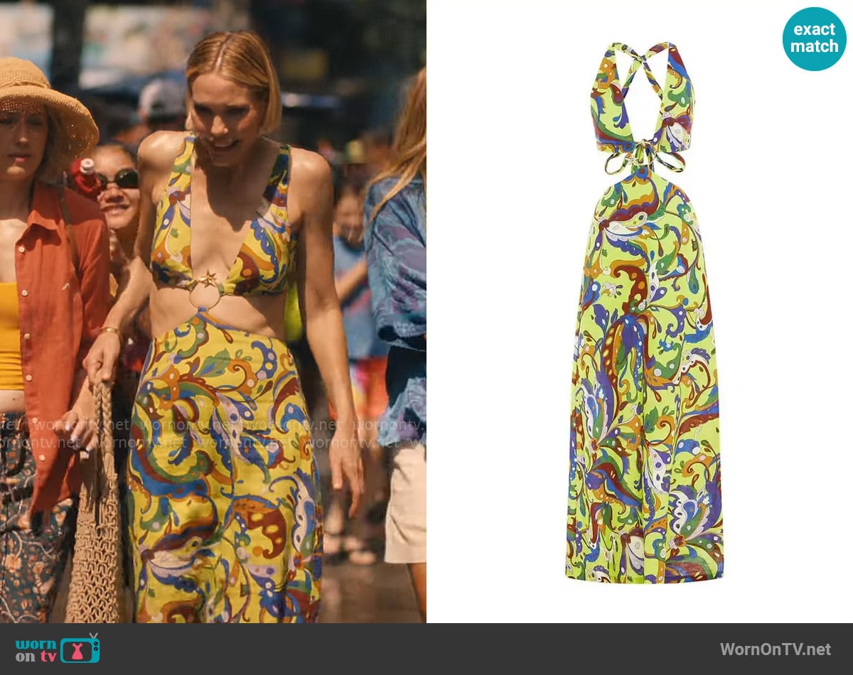 Alemais Yvette linen cutout maxi dress worn by Kate (Leslie Bibb) on The White Lotus