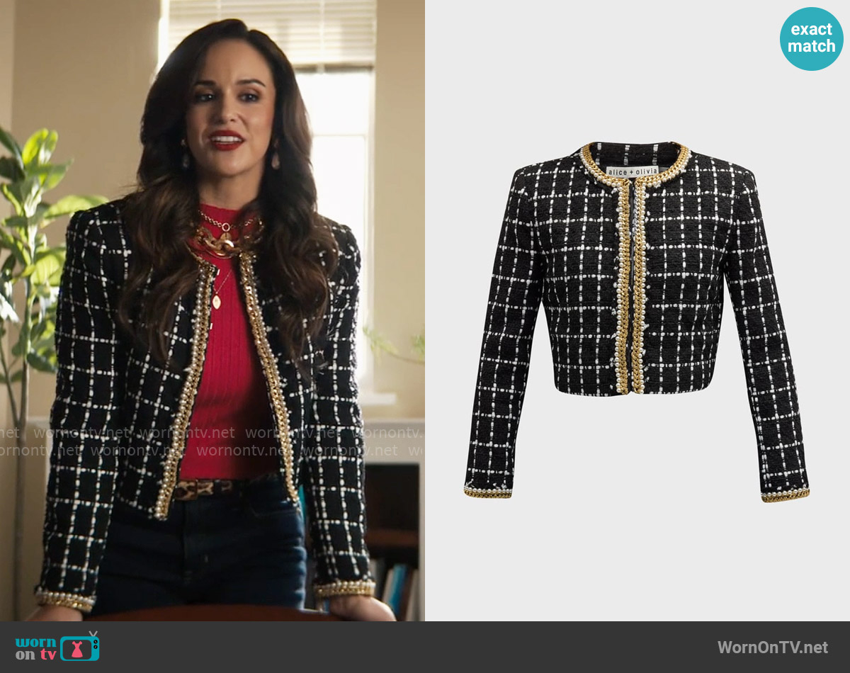 Alice + Olivia Sabina Chain-Trim Tweed Jacket worn by Birdie (Melissa Fumero) on Grosse Pointe Garden Society
