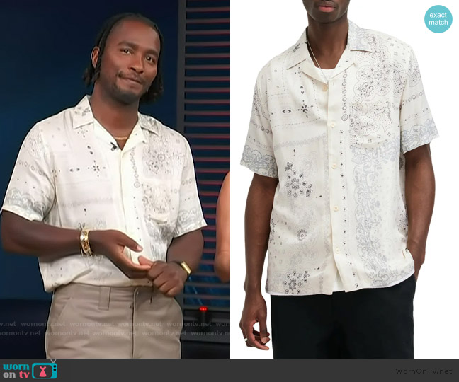 All Saints Jalisco Bandana Print Camp Shirt worn by Scott Evans on Access Hollywood
