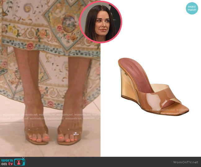 Amina Muaddi Lupita PVC Wedge Mules in Tan worn by Kyle Richards on The Real Housewives of Beverly Hills