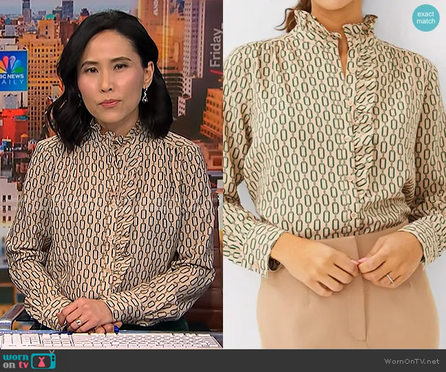 Ann Taylor Print Blouse with Ruffle Collar worn by Vicky Nguyen on NBC News Daily