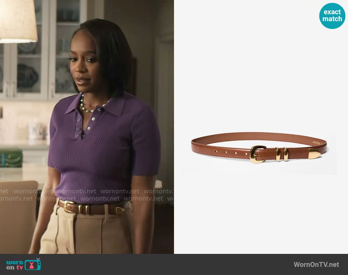 Aritzia Legendary Solid Brass Leather Belt in Haute Tan / Gold worn by Catherine (Aja Naomi King) on Grosse Pointe Garden Society