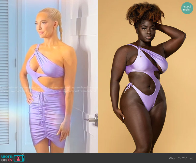 Asherah Swimwear Maia One Piece Swimsuit in Lavender worn by Erika Jayne on The Real Housewives of Beverly Hills