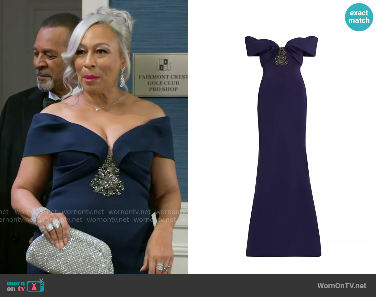 Badgley Mischka Embellished Scuba Off-The-Shoulder Gown worn by Anita Dupree (Tamara Tunie) on Beyond the Gates