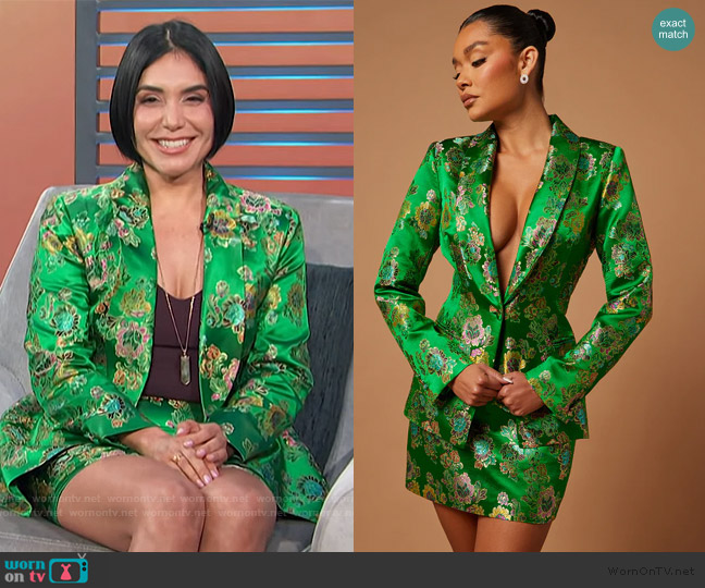 Fashion Nova Brenda Satin Embroidered Skirt Suit Set in Kelly Green worn by Doreen Alvarez on Access Hollywood