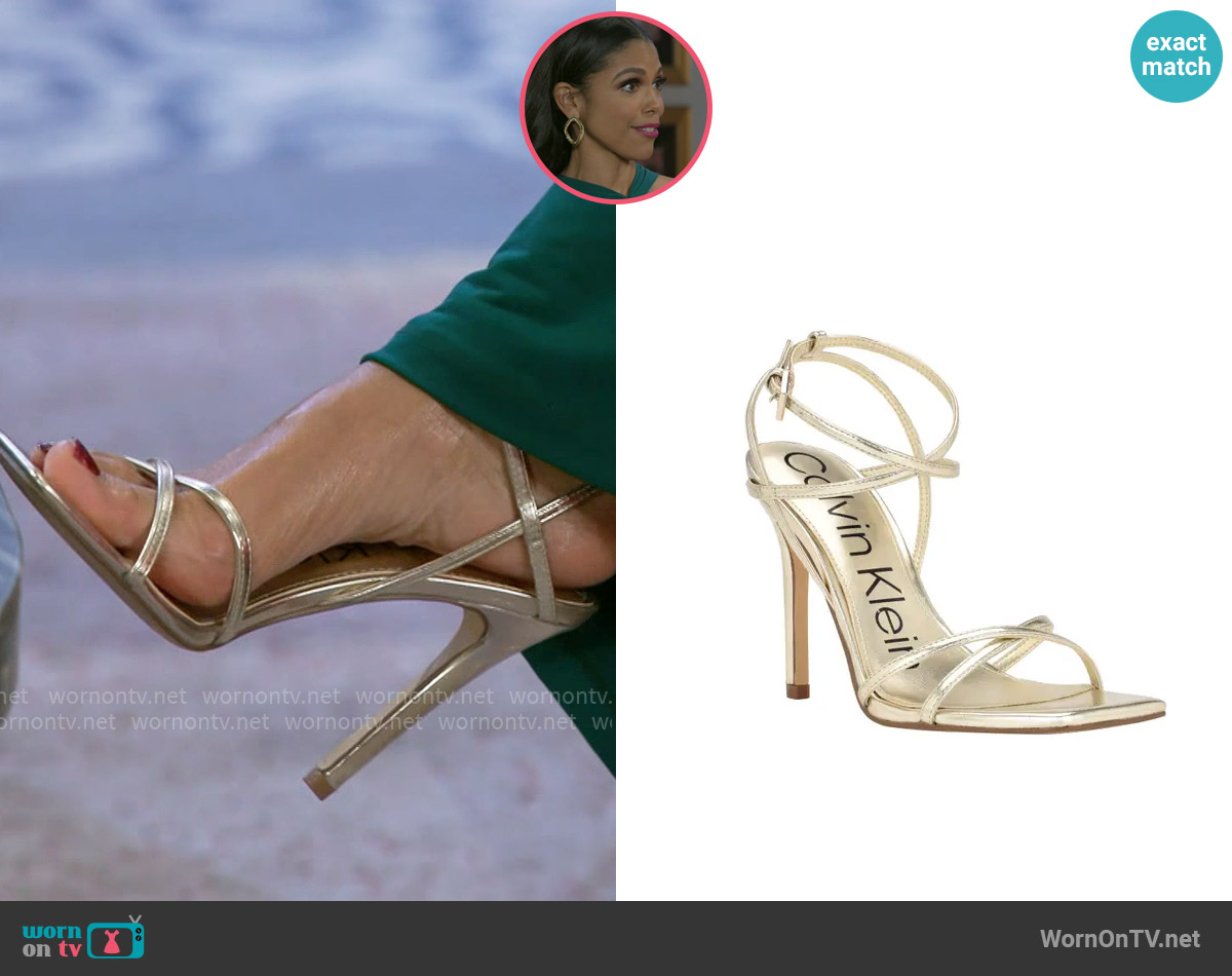 Calvin Klein Tegin Sandal in Gold worn by Dani Dupree (Karla Mosley) on Beyond the Gates