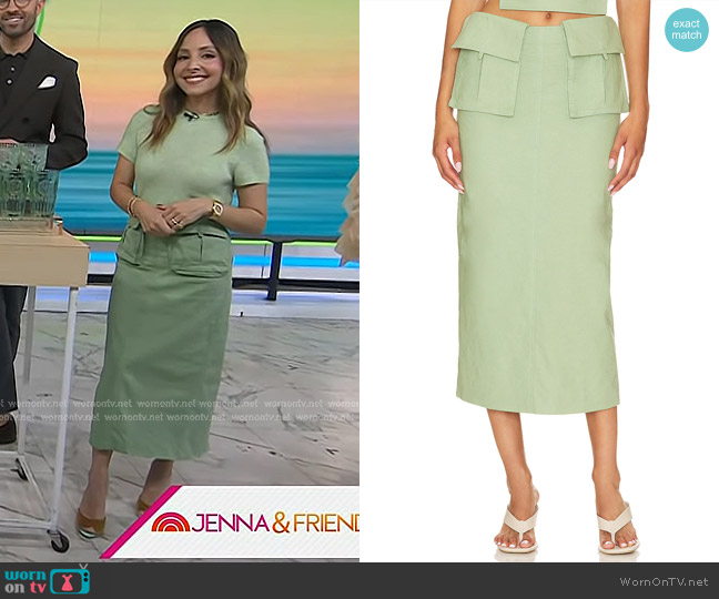 Camila Coelho Rousseau Midi Skirt in Sage Green worn by Lilliana Vazquez on Today