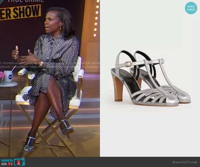 Celine Claude Silver Leather T-strap Sandals worn by Deborah Roberts on Good Morning America