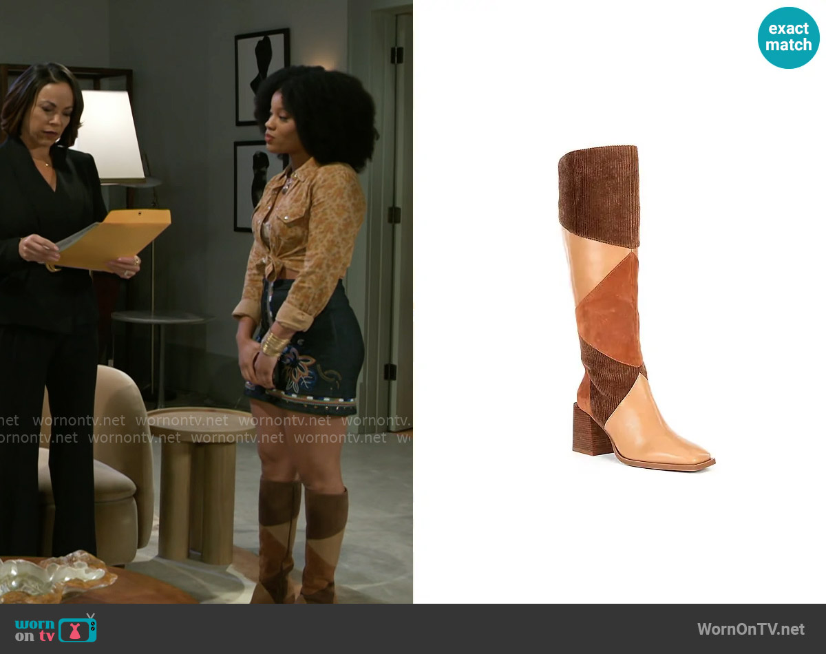 Chelsea & Violet Lulu Colorblock Suede Patchwork Tall Boots worn by Eva Thomas (Ambyr Michelle) on Beyond the Gates