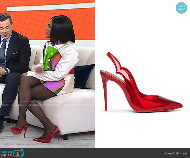 Christian Louboutin Hot Chick Sling 100 Red Patent Pumps worn by Mindy Kaling on Today