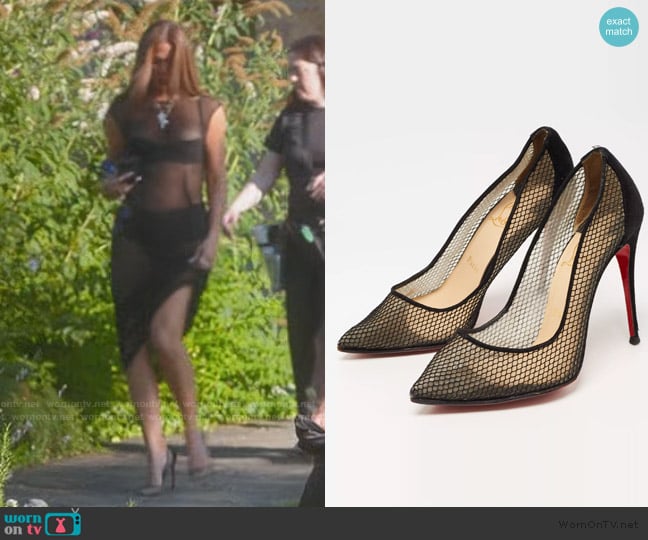 Christian Louboutin Black Mesh and Suede Follies Resille Pumps worn by Khloe Kardashian (Khloe Kardashian) on The Kardashians
