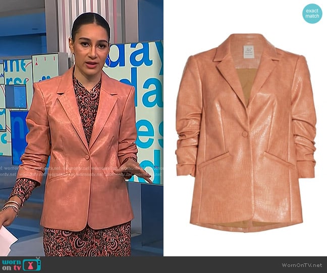 Cinq a Sept Kylie ruched faux croc-effect leather blazer worn by Morgan Radford on NBC News Daily