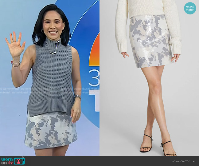Club Monaco Sequin Mini Skirt in Stamped Floral worn by Vicky Nguyen on Today