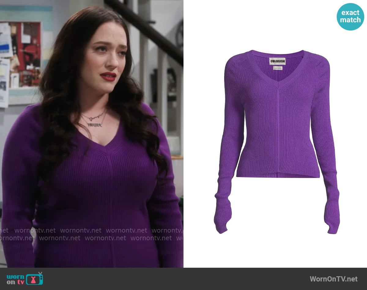 Colorush Jones Rib-Knit V-Neck Sweater worn by Riley (Kat Dennings) on Shifting Gears