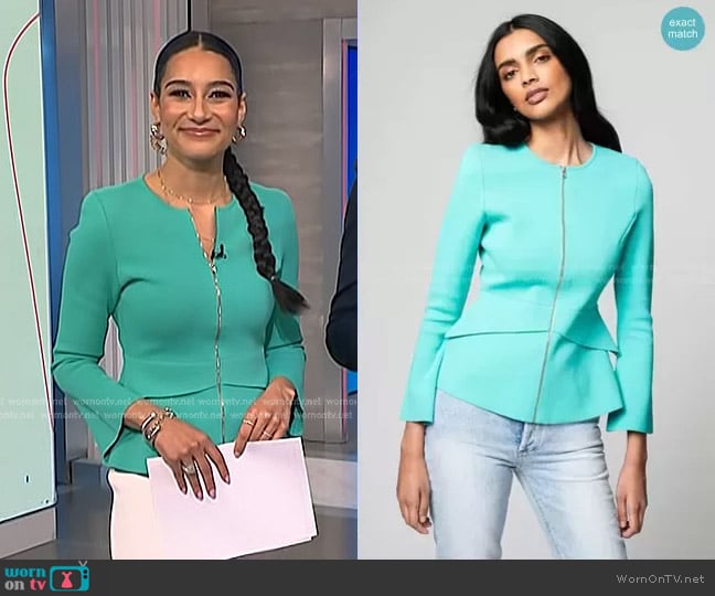 Scanlan Theodore Crepe Knit Tailored Peplum Jacket worn by Morgan Radford on NBC News Daily