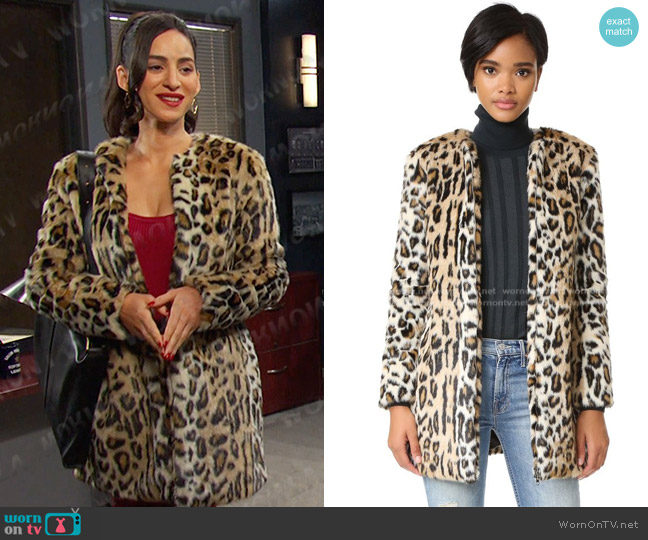Cupcakes and Cashmere Faux Fur Leopard Coat worn by Gabi Hernandez (Cherie Jimenez) on Days of our Lives