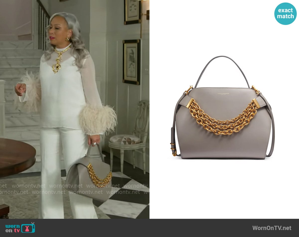 Donna Karan Plandome Chain Top Handle Leather Satchel in Cloud worn by Anita Dupree (Tamara Tunie) on Beyond the Gates