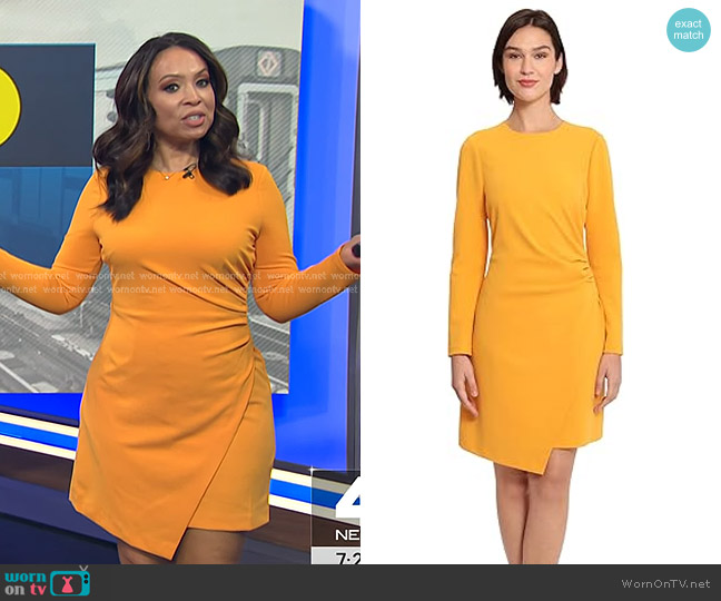 Donna Morgan Sleek Faux Wrap Dress with Asymmetric Skirt in Cadmium Yellow worn by Adelle Caballero on Today