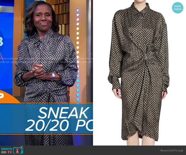 Dries Van Noten Delicks Gathered Polka Dot Dress in Dark Brown worn by Deborah Roberts on Good Morning America