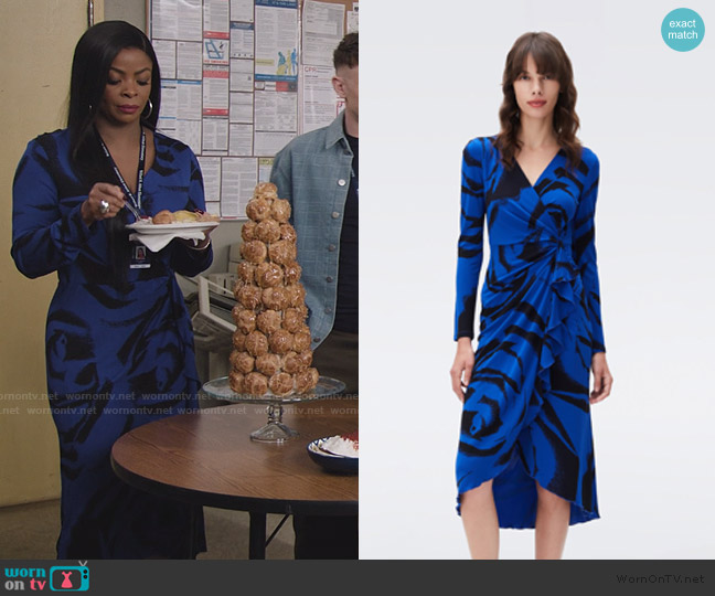 Rose Tattoo Giant Sapp Blue Dress in Diane von Furstenberg worn by Ava Coleman (Janelle James) on Abbott Elementary