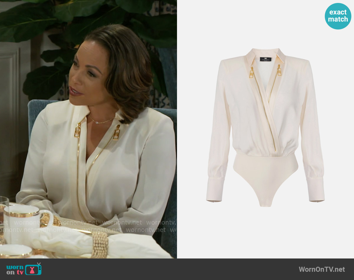 Elisabetta Franchi Bodysuit-style blouse in georgette and satin fabrics with zip worn by Nicole Dupree Richardson (Daphnee Duplaix) on Beyond the Gates