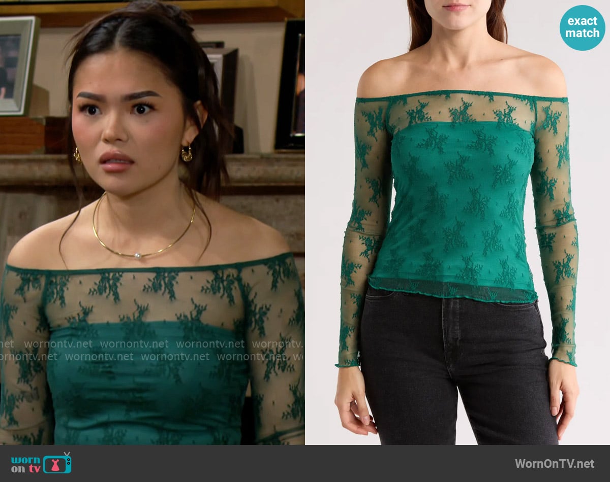 Elodie Off the Shoulder Lace Top worn by Luna (Lisa Yamada) on The Bold and the Beautiful