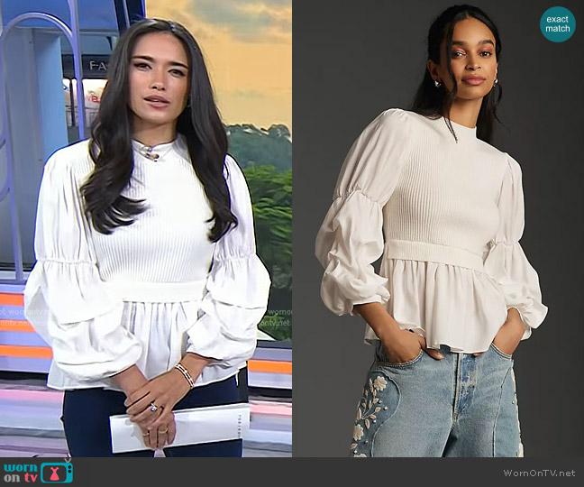 English Factory Puff-Sleeve Twofer Sweater worn by Emilie Ikeda on Today